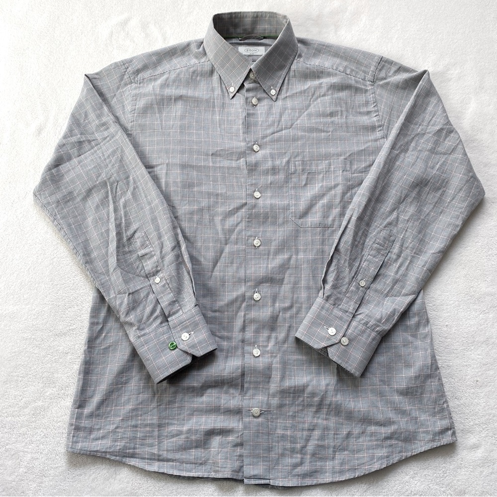 ETON‎ Shirt Mens Large Gray Check Plaid Button Down Long Sleeve